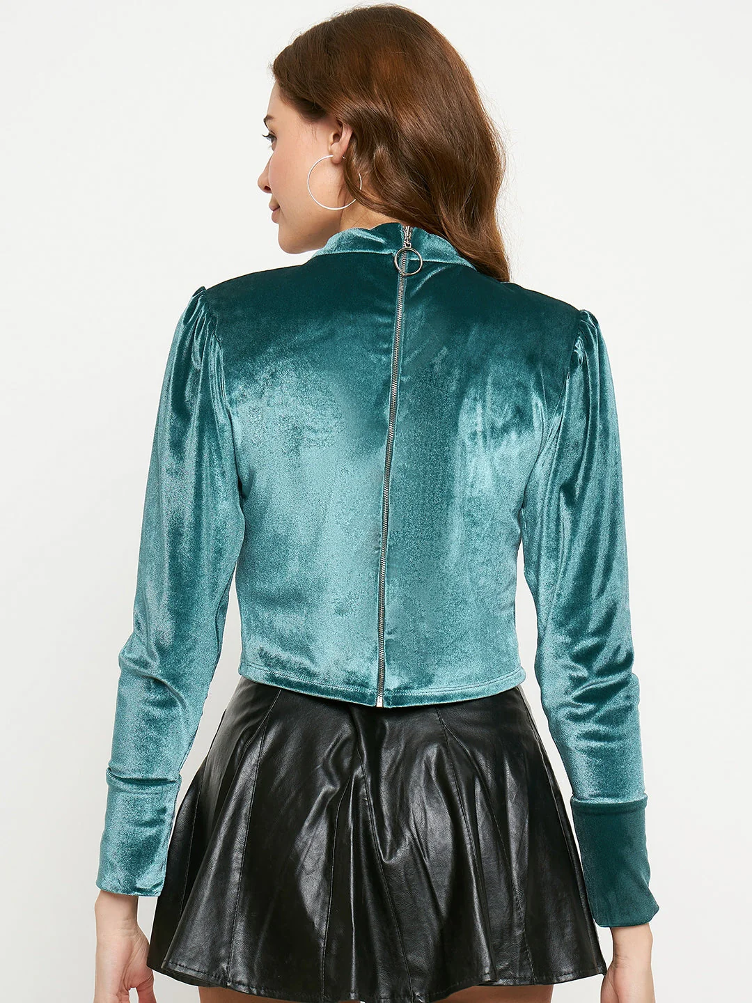 Madame Peacock Blue Rhinestone Embellished Mock Neck Velvet Top - Image 3
