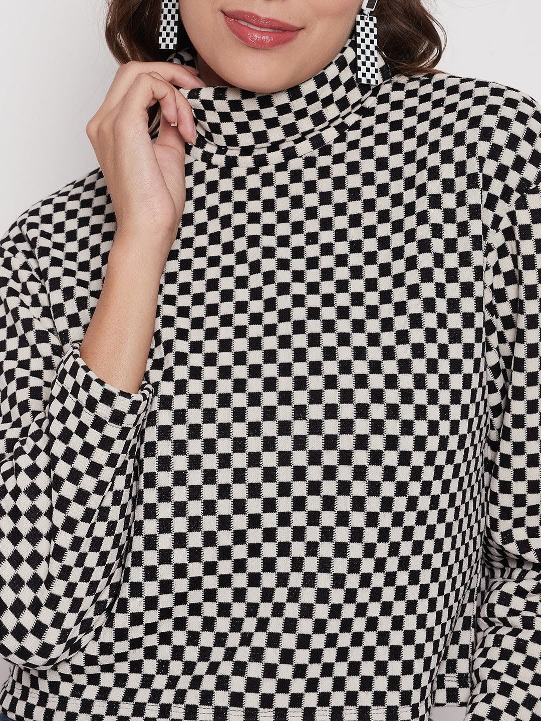 Madame Black Chess Print Turtleneck Top - Image 2