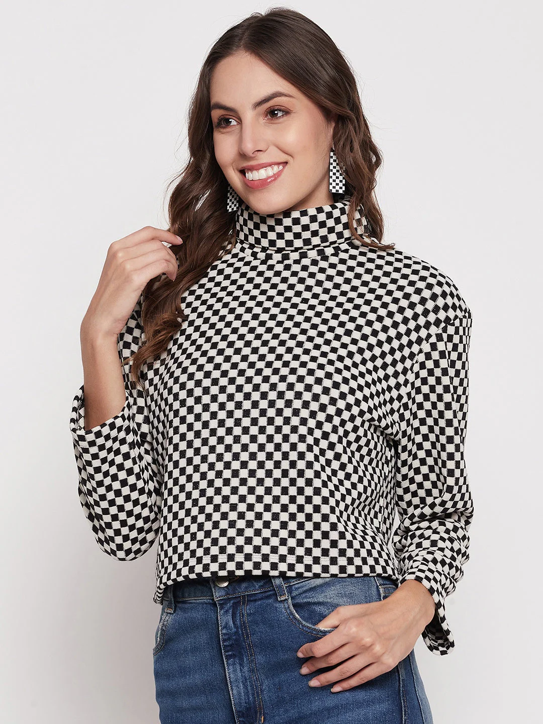 Madame Black Chess Print Turtleneck Top - Image 5