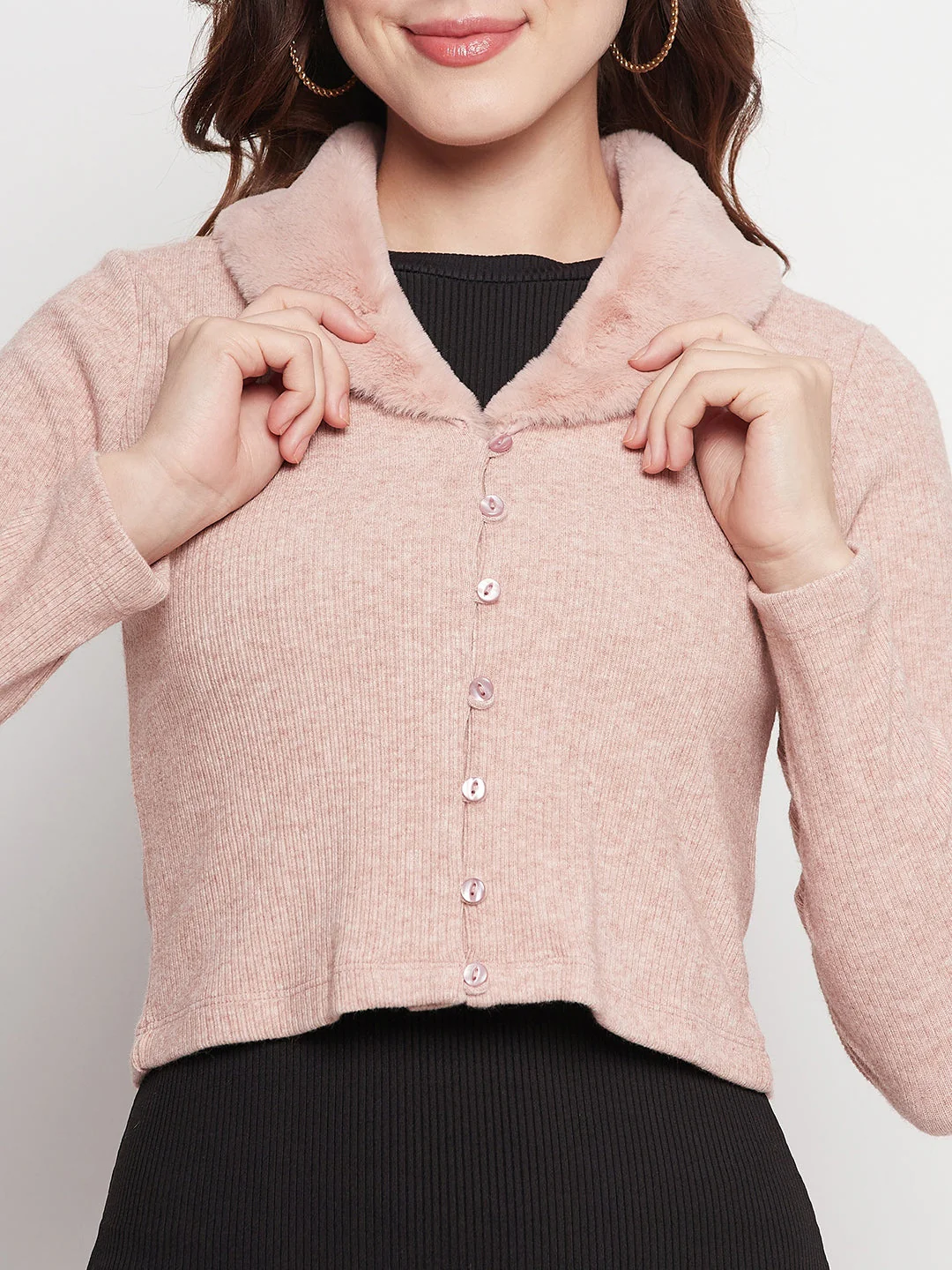 Madame Light Pink Rib-Knit Crop Cardigan - Image 2