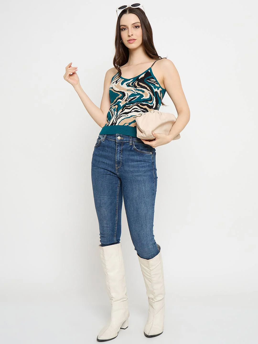 Madame Abstract Print Teal Cami Crop Sweater - Image 2