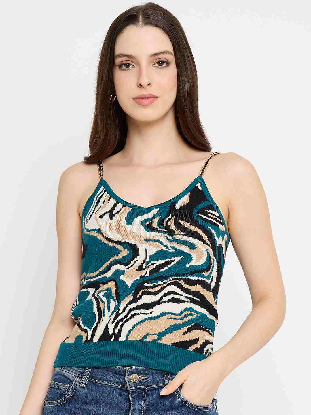 Madame Abstract Print Teal Cami Crop Sweater - Image 3