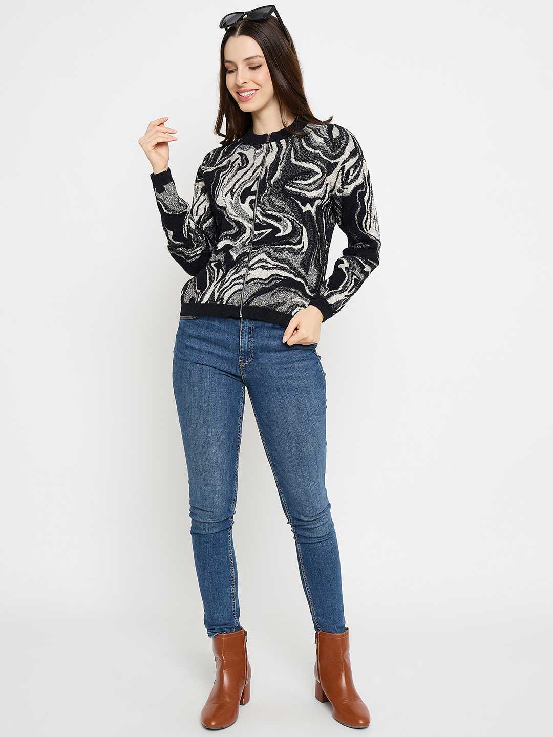 Madame Abstract Print Zip Up Black Sweater - Image 2