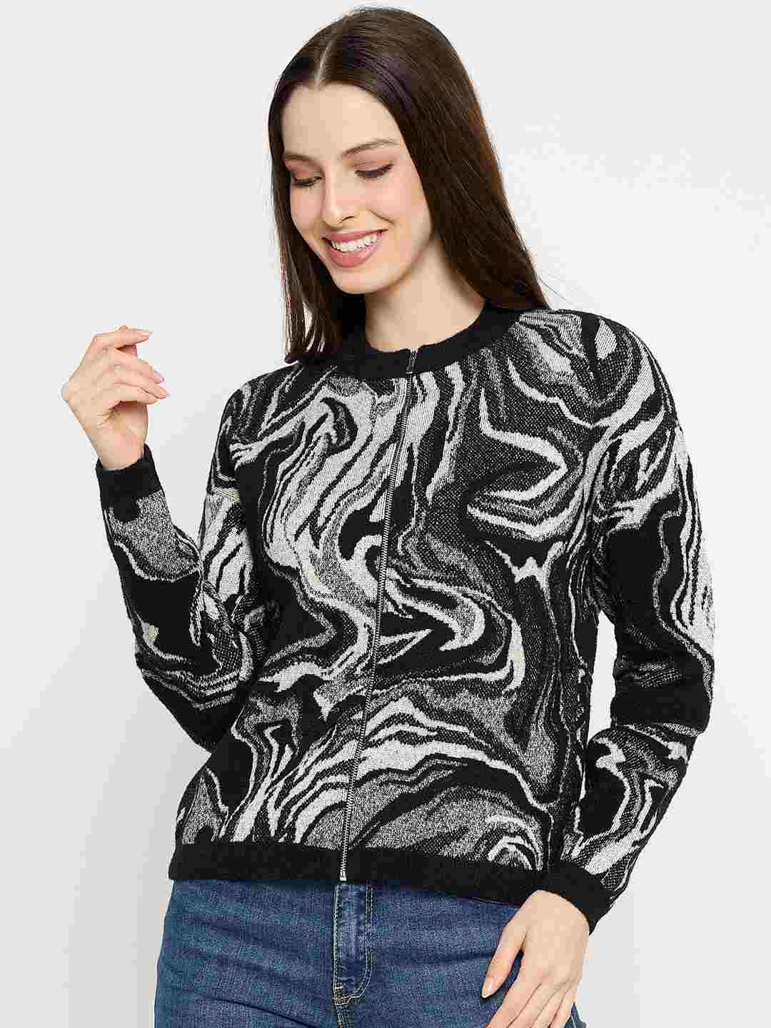 Madame Abstract Print Zip Up Black Sweater - Image 3