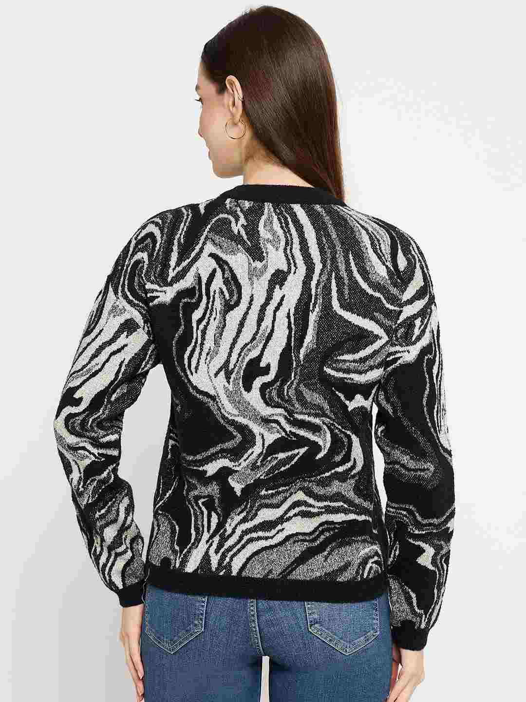 Madame Abstract Print Zip Up Black Sweater - Image 6