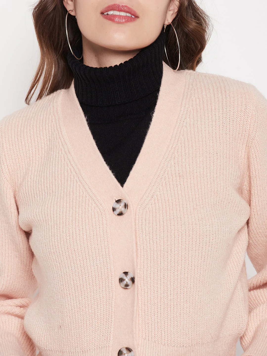 Madame Solid Peach V-Neck Crop Cardigan - Image 2