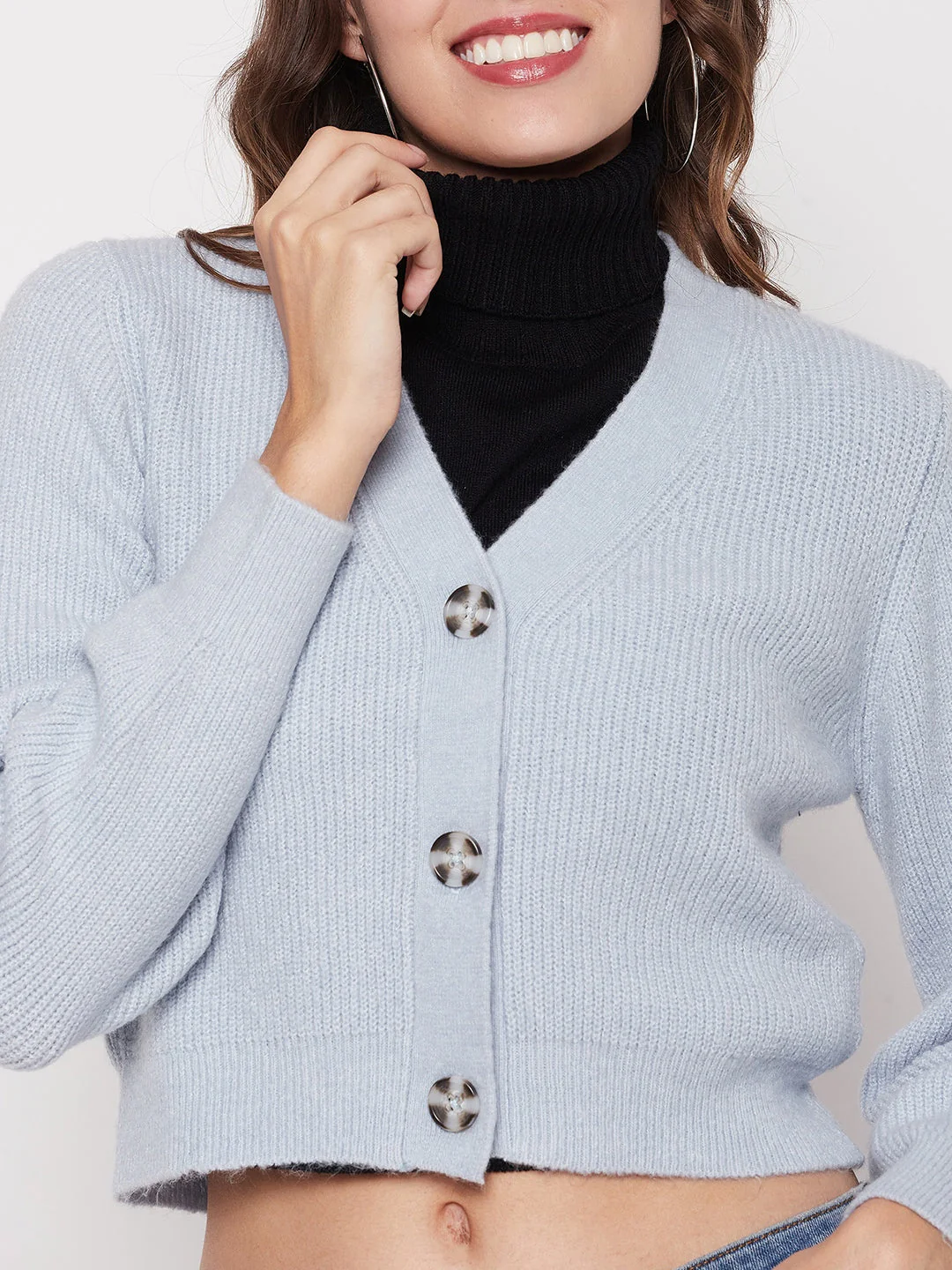 Madame Solid Powder Blue V-Neck Crop Cardigan - Image 2