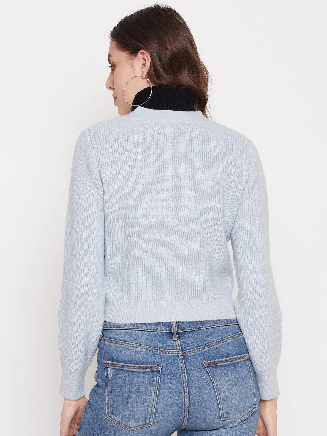 Madame Solid Powder Blue V-Neck Crop Cardigan - Image 3