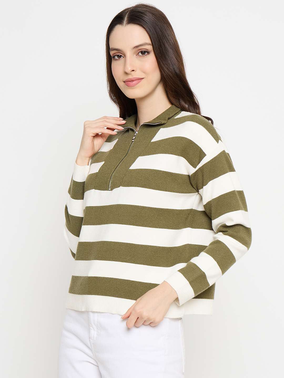 Madame Striped Zip Up Olive Green Sweater - Image 5