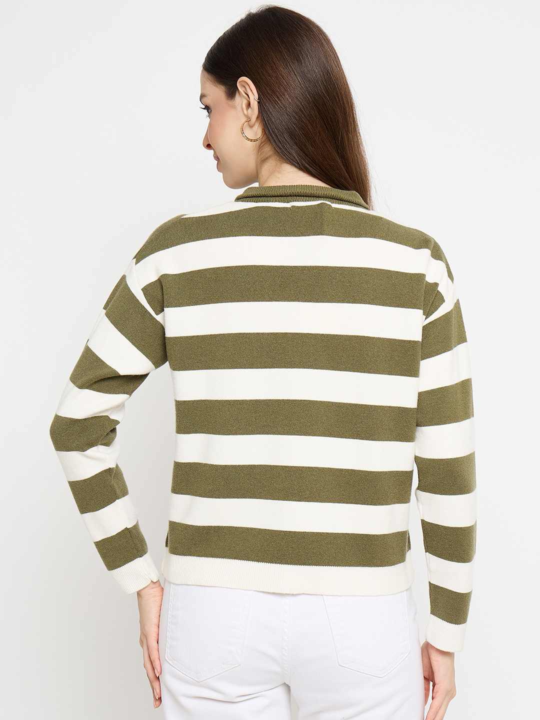 Madame Striped Zip Up Olive Green Sweater - Image 6