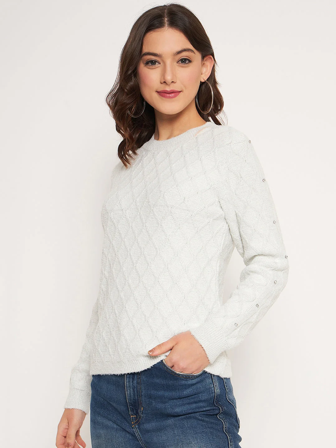 Madame Offwhite Solid Sweater - Image 3