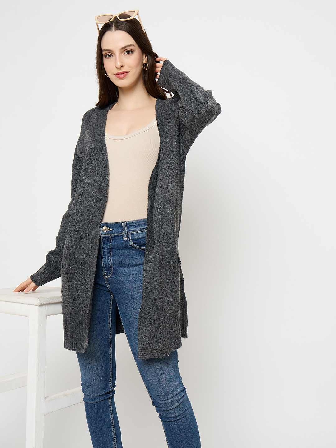 Madame Acrylic Dark Grey Long Open Shrug