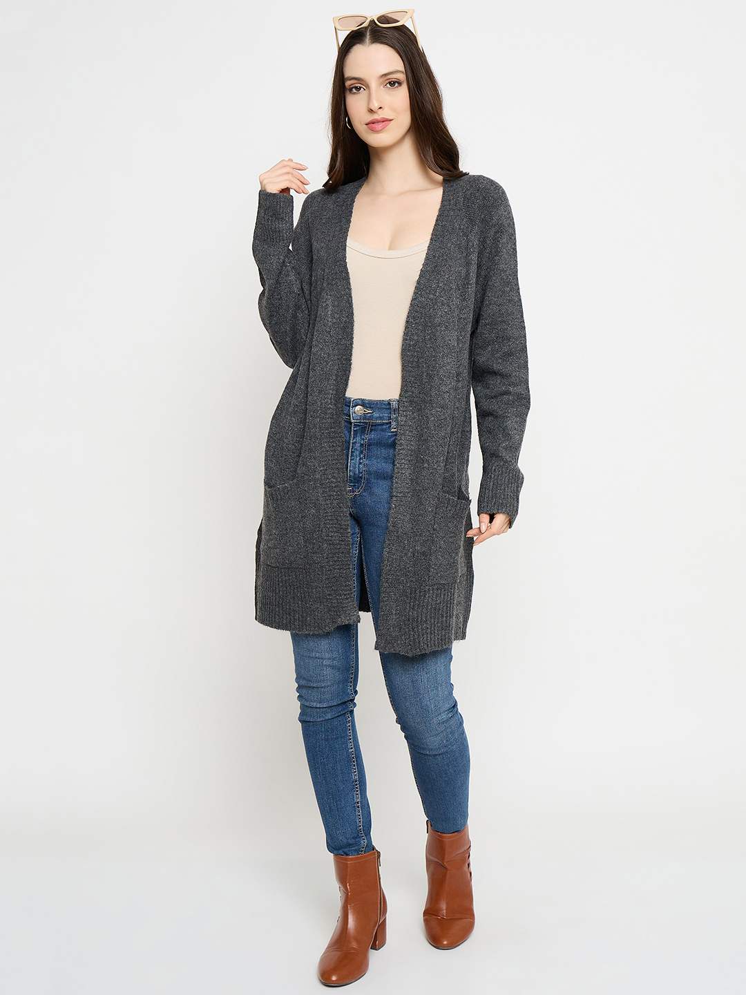 Madame Acrylic Dark Grey Long Open Shrug - Image 2