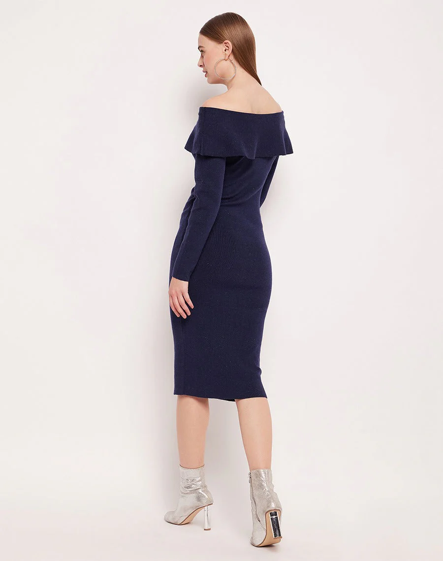 Madame Off- Shoulder Navy Blue Bodycon Dress - Image 3