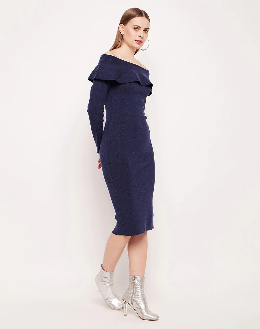 Madame Off- Shoulder Navy Blue Bodycon Dress - Image 4