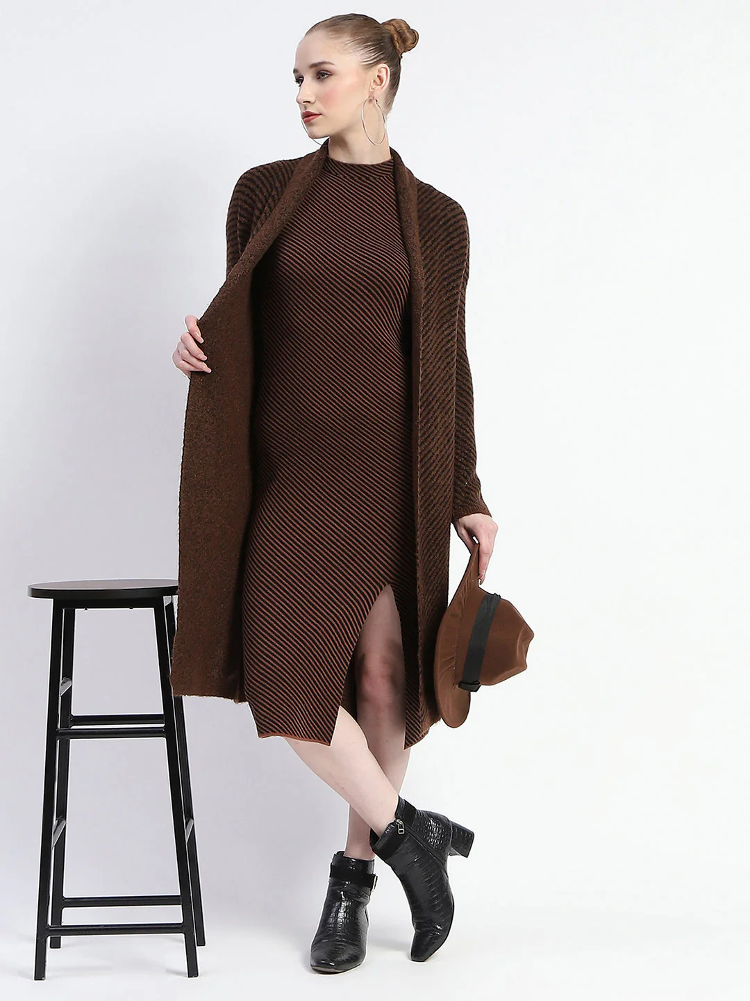 Madame Diagonal Stripe Brown Shrug And Midi Dress Co-Ord Set