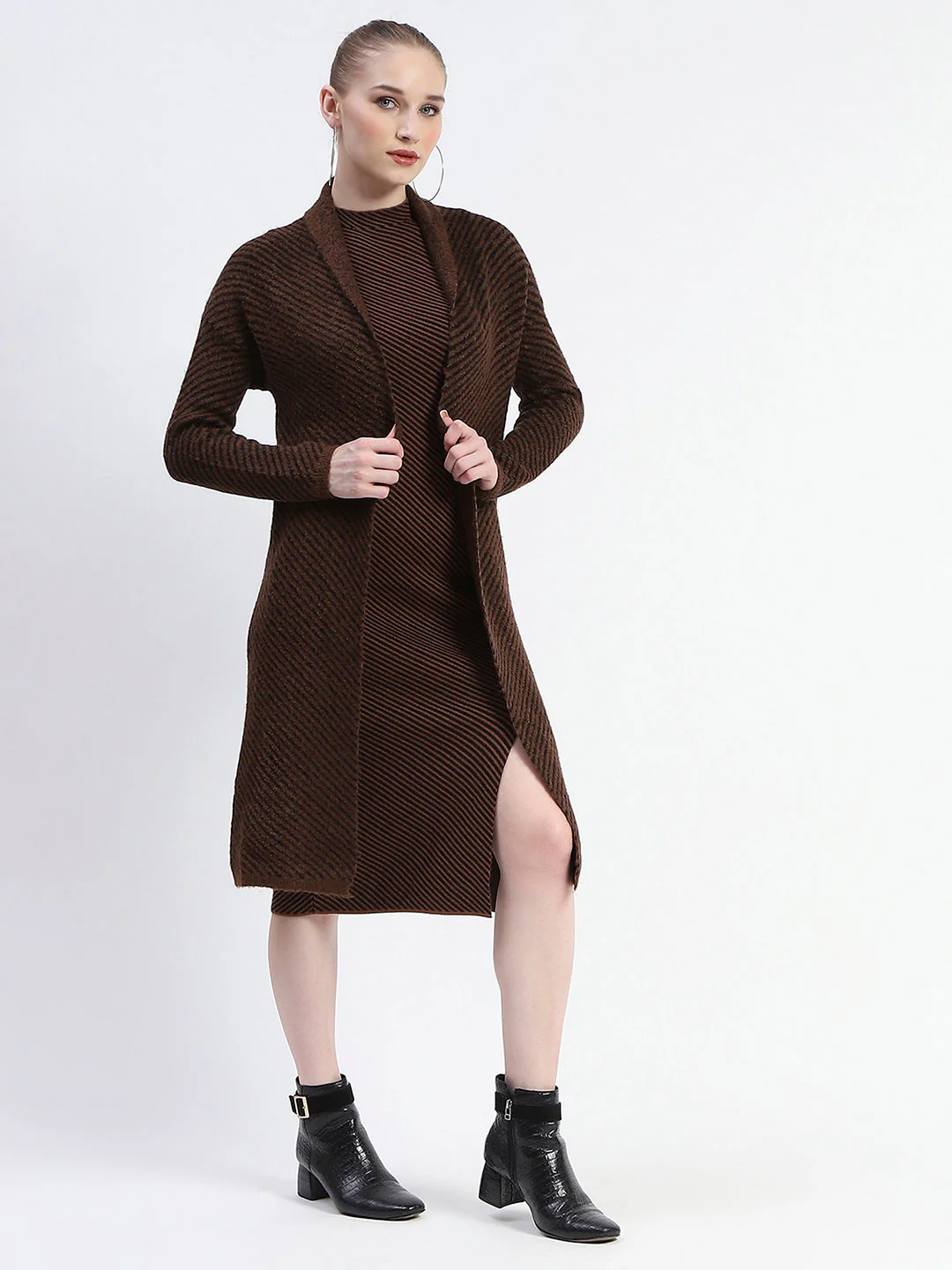 Madame Diagonal Stripe Brown Shrug And Midi Dress Co-Ord Set - Image 3