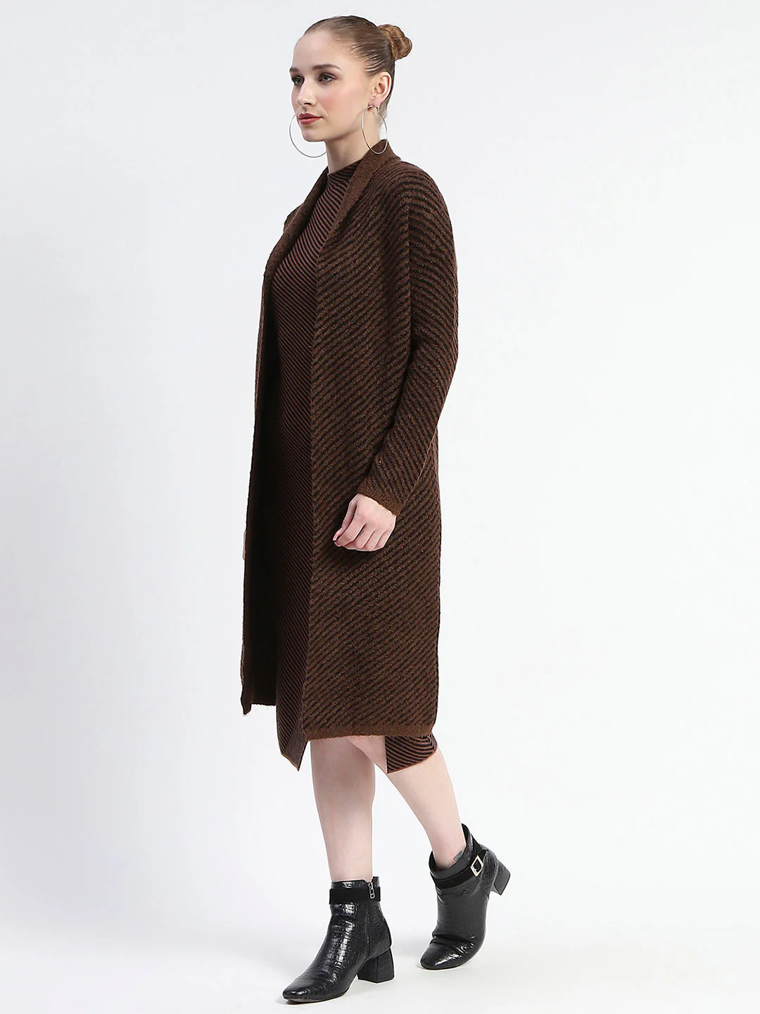 Madame Diagonal Stripe Brown Shrug And Midi Dress Co-Ord Set - Image 4