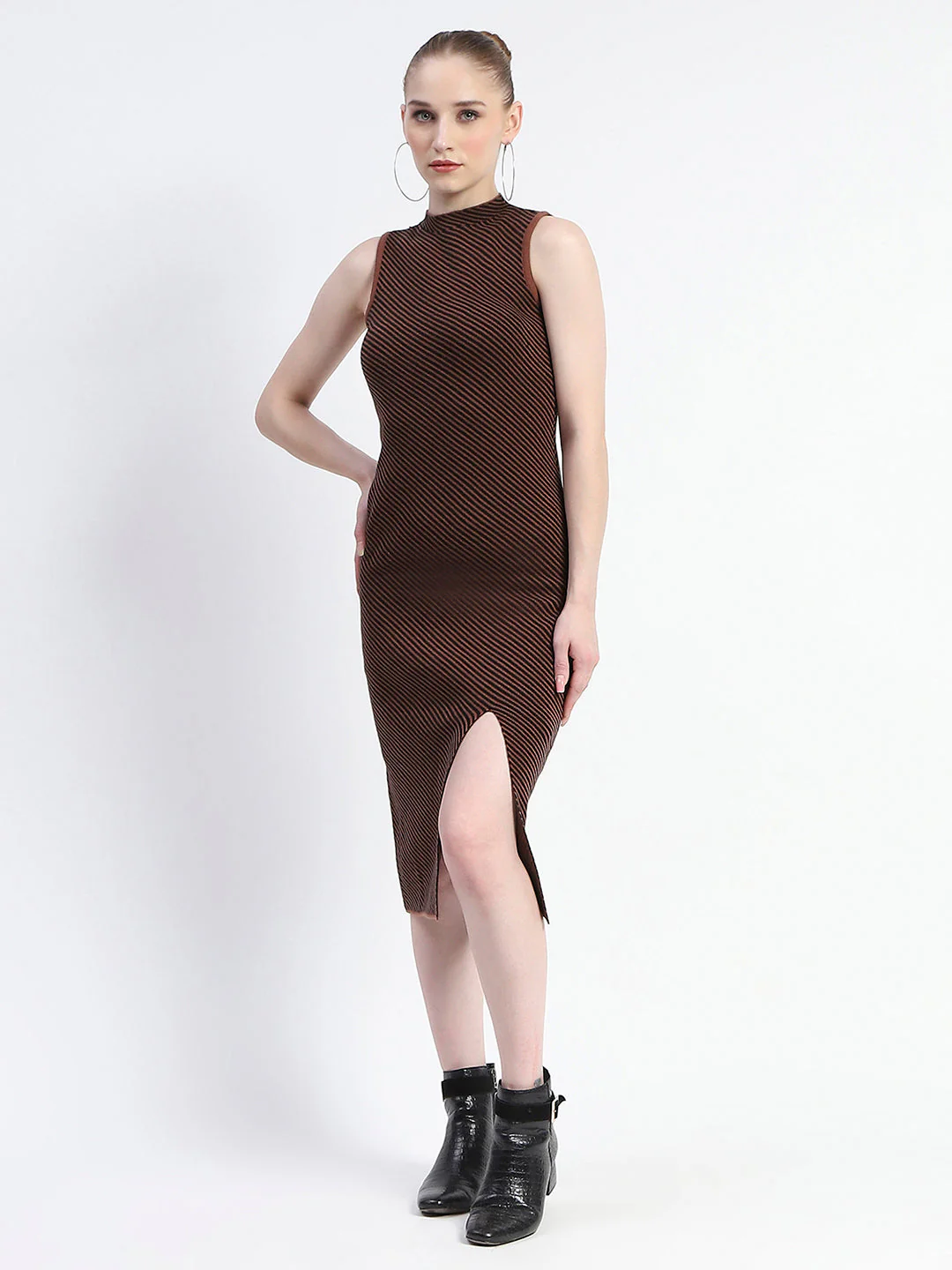 Madame Diagonal Stripe Brown Shrug And Midi Dress Co-Ord Set - Image 5
