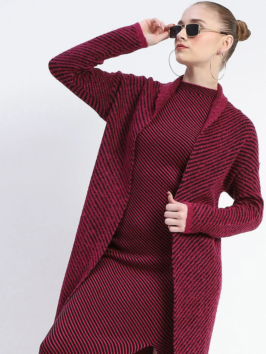 Madame Diagonal Stripe Magenta Shrug And Midi Dress Co-Ord Set