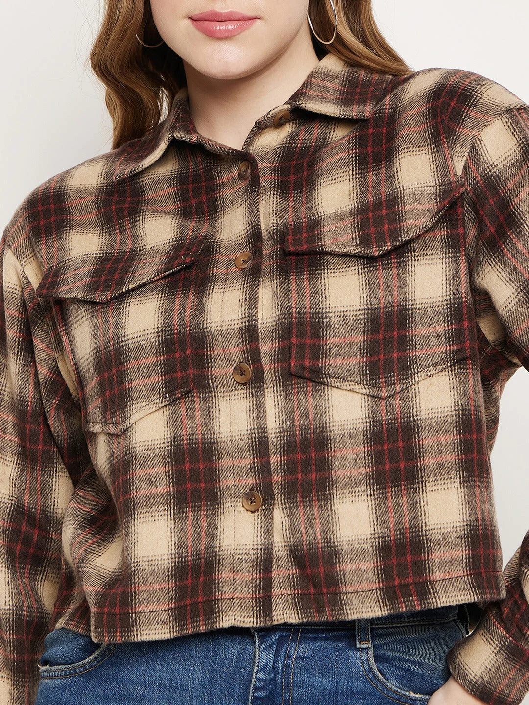 Madame Brown Plaid Crop Shacket - Image 2