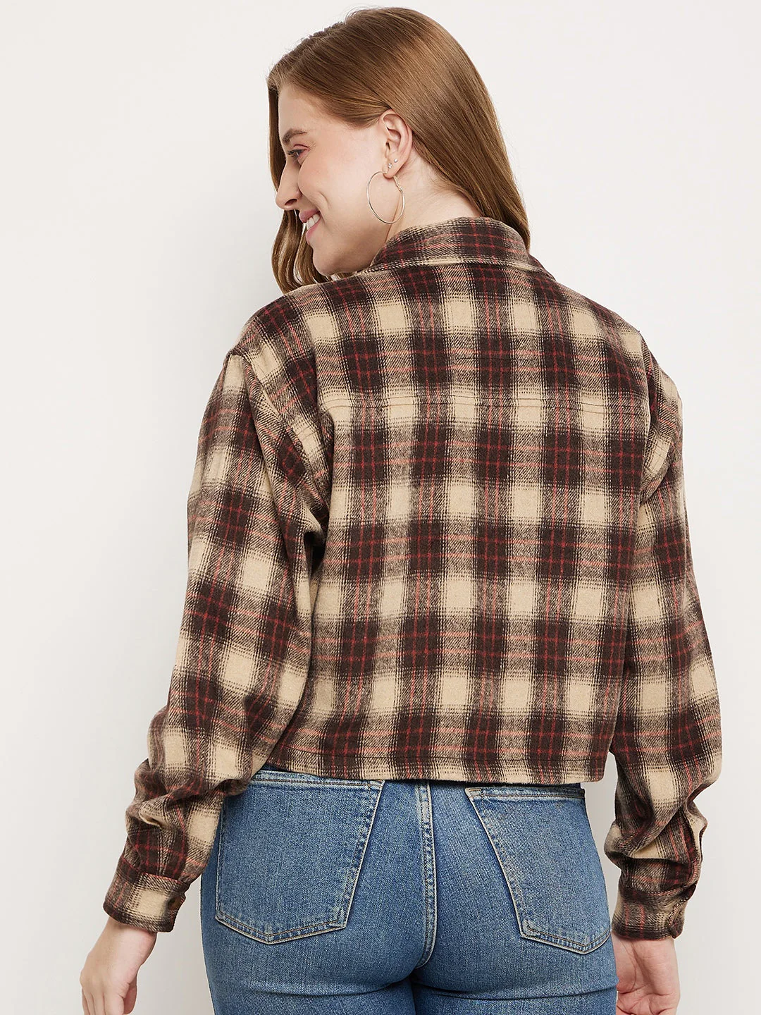 Madame Brown Plaid Crop Shacket - Image 3