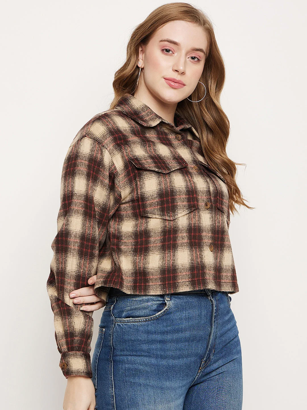Madame Brown Plaid Crop Shacket - Image 4