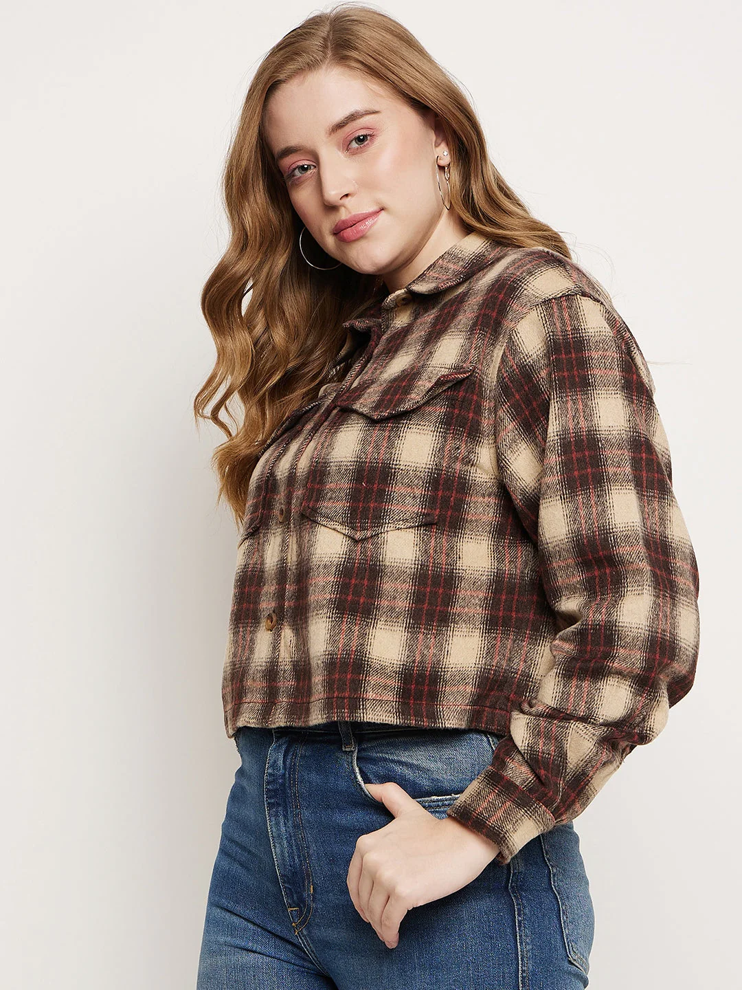 Madame Brown Plaid Crop Shacket - Image 5
