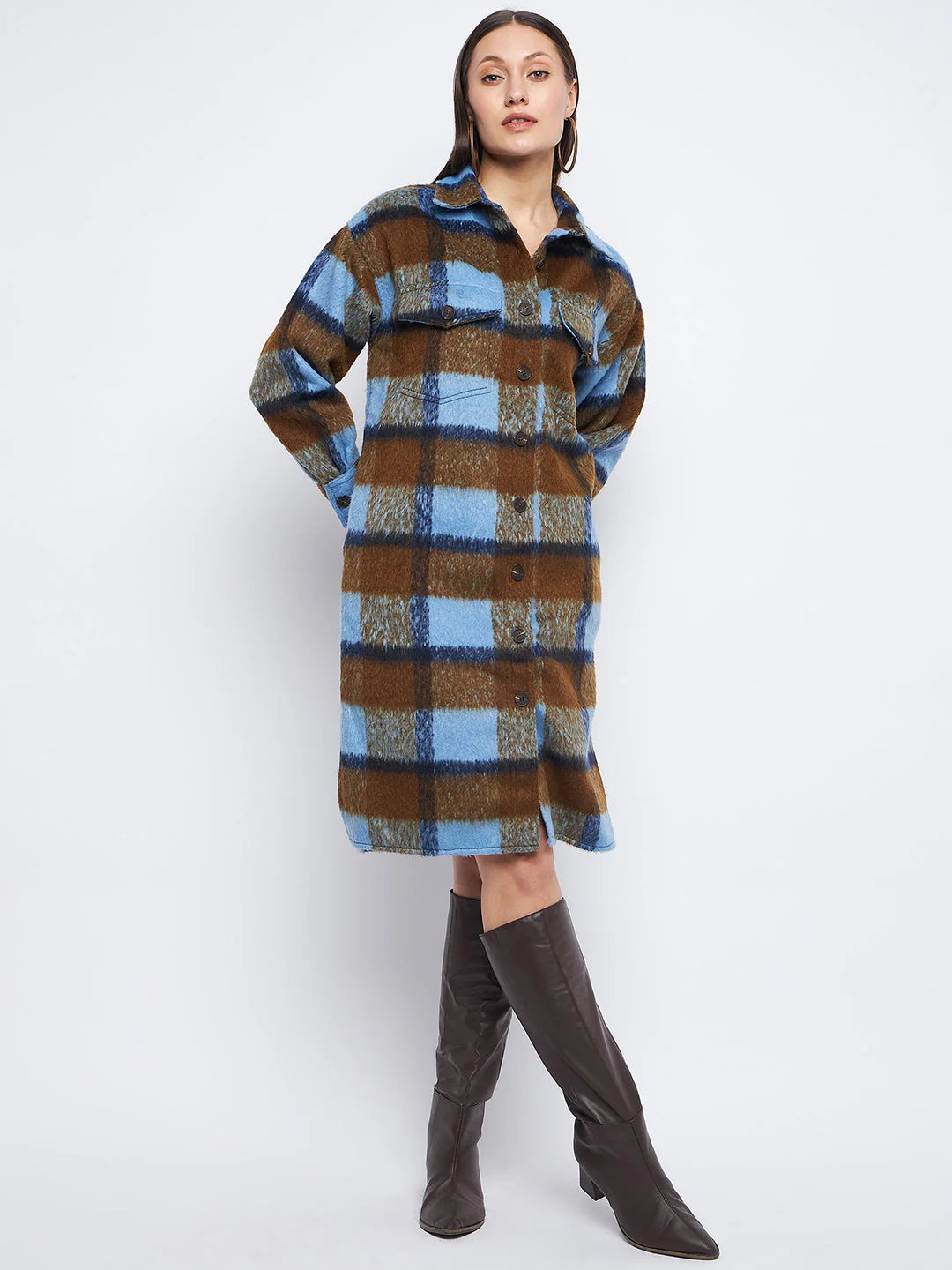 Madame Brown Regular Fit Chequered Shacket