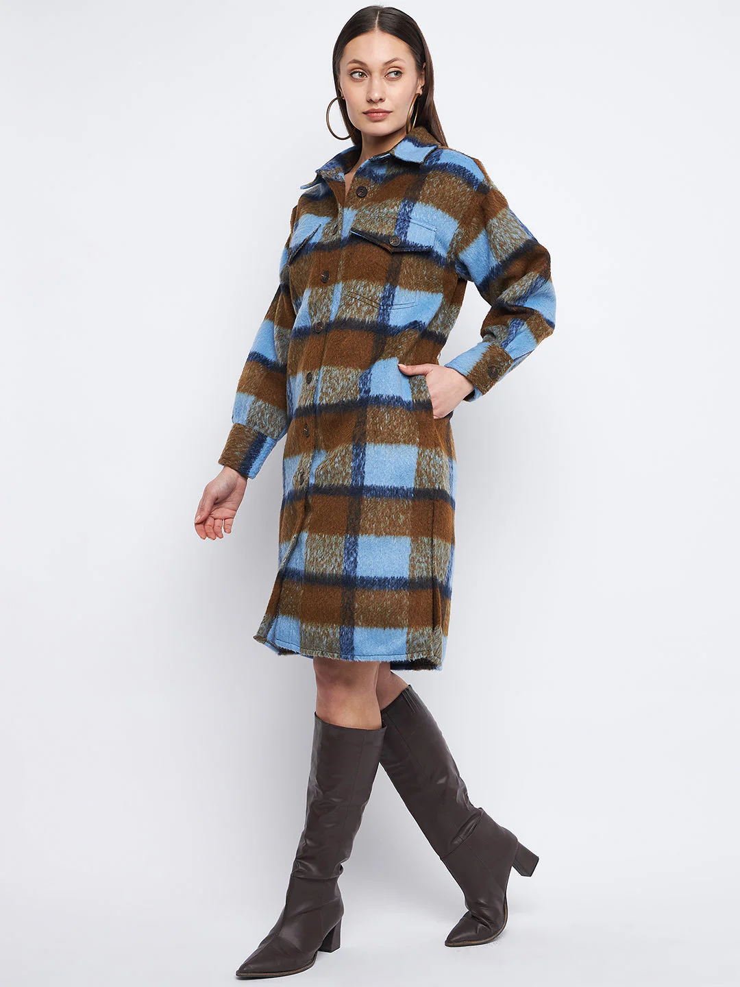 Madame Brown Regular Fit Chequered Shacket - Image 3
