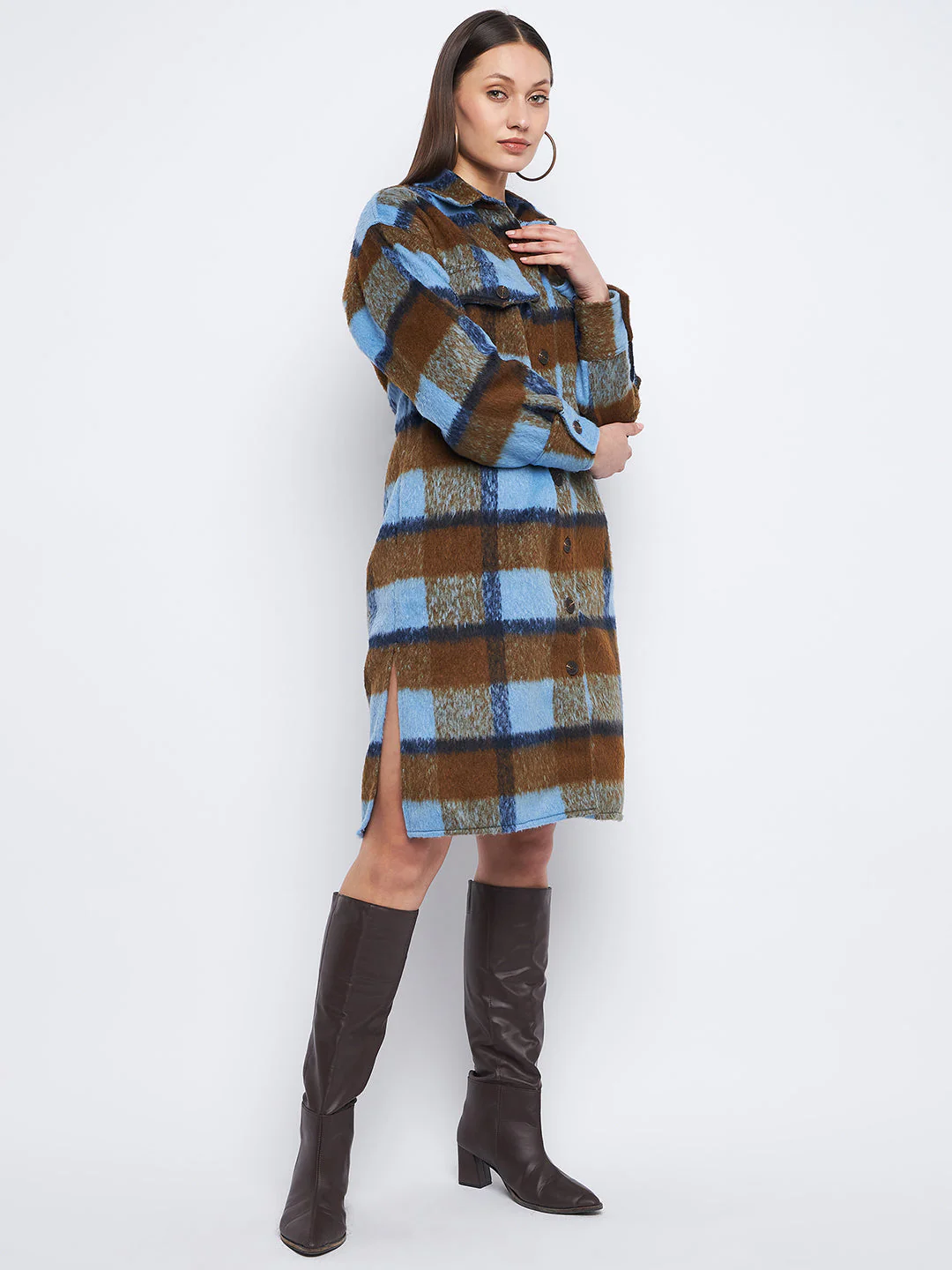 Madame Brown Regular Fit Chequered Shacket - Image 4