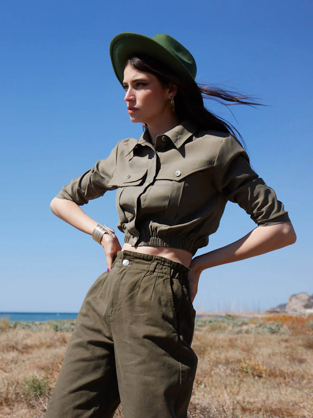 Madame Olive Green Cropped Shirt Top