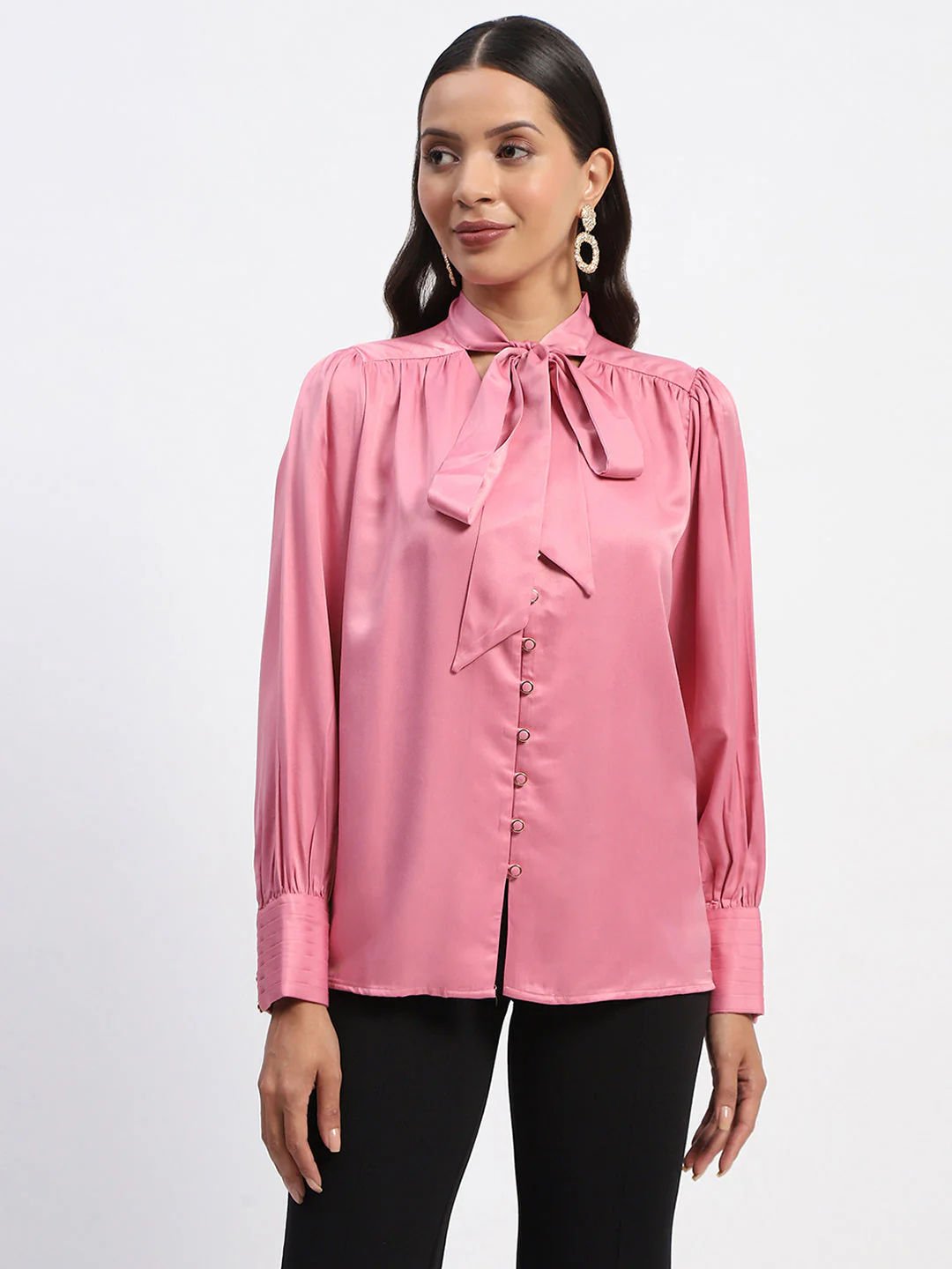 Madame Tie Up Neck Cuffed Sleeve Pink Top - Image 2
