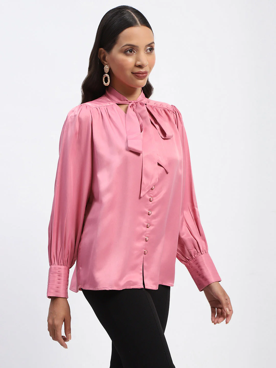 Madame Tie Up Neck Cuffed Sleeve Pink Top - Image 3