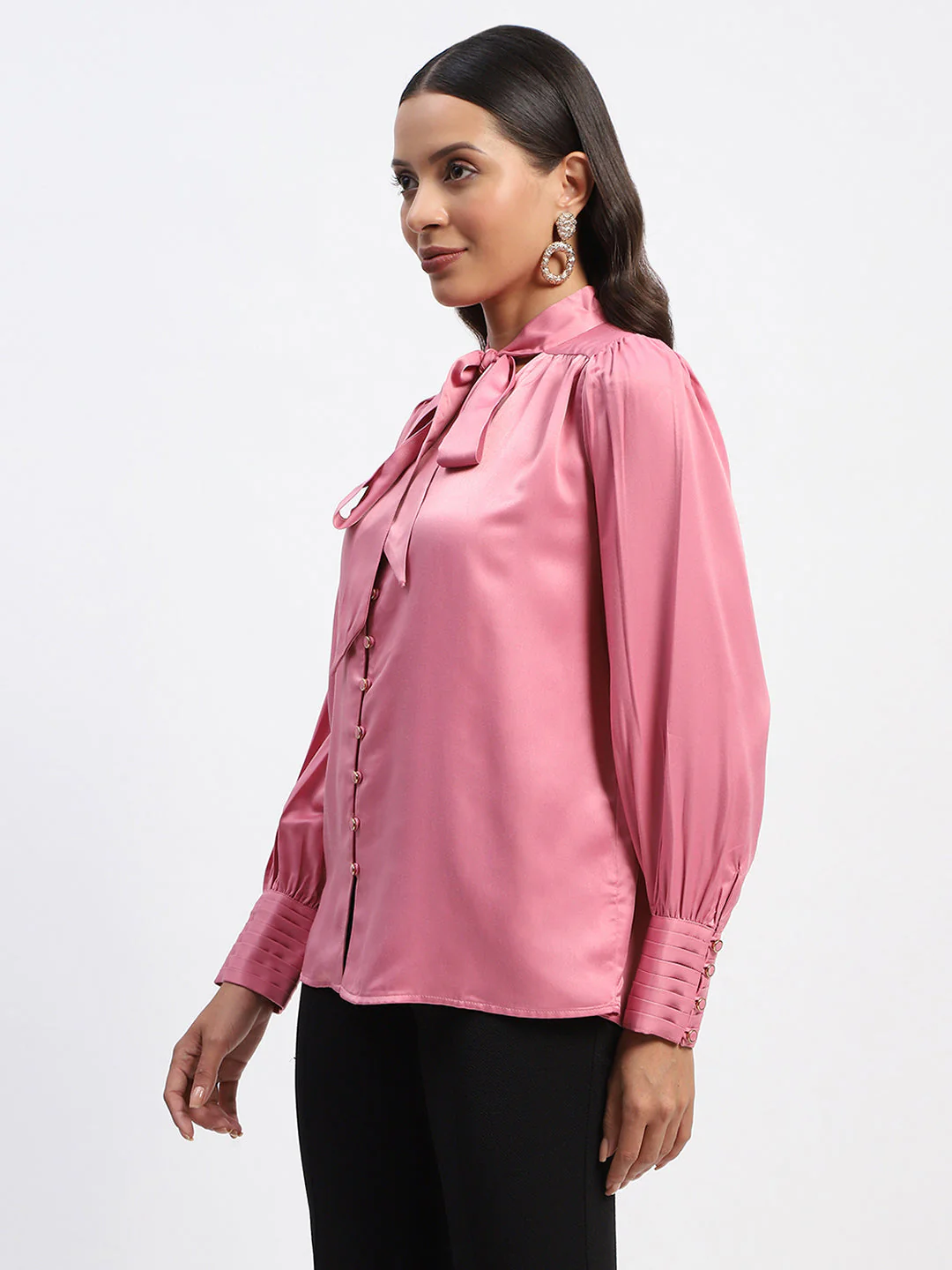Madame Tie Up Neck Cuffed Sleeve Pink Top - Image 4