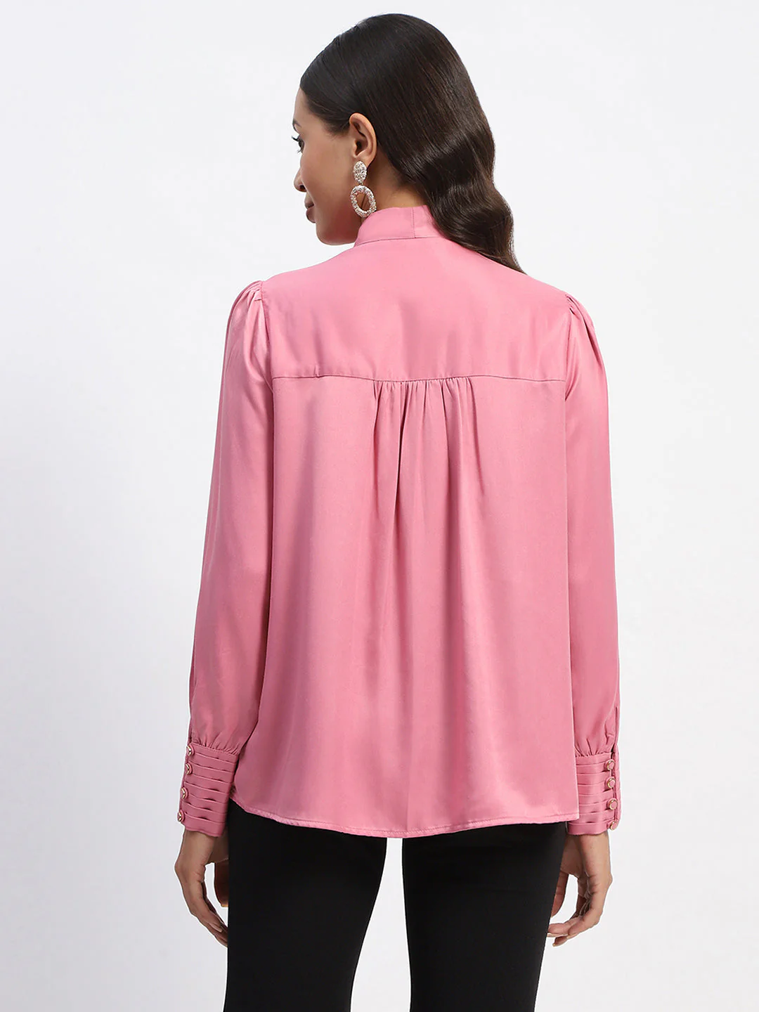 Madame Tie Up Neck Cuffed Sleeve Pink Top - Image 5
