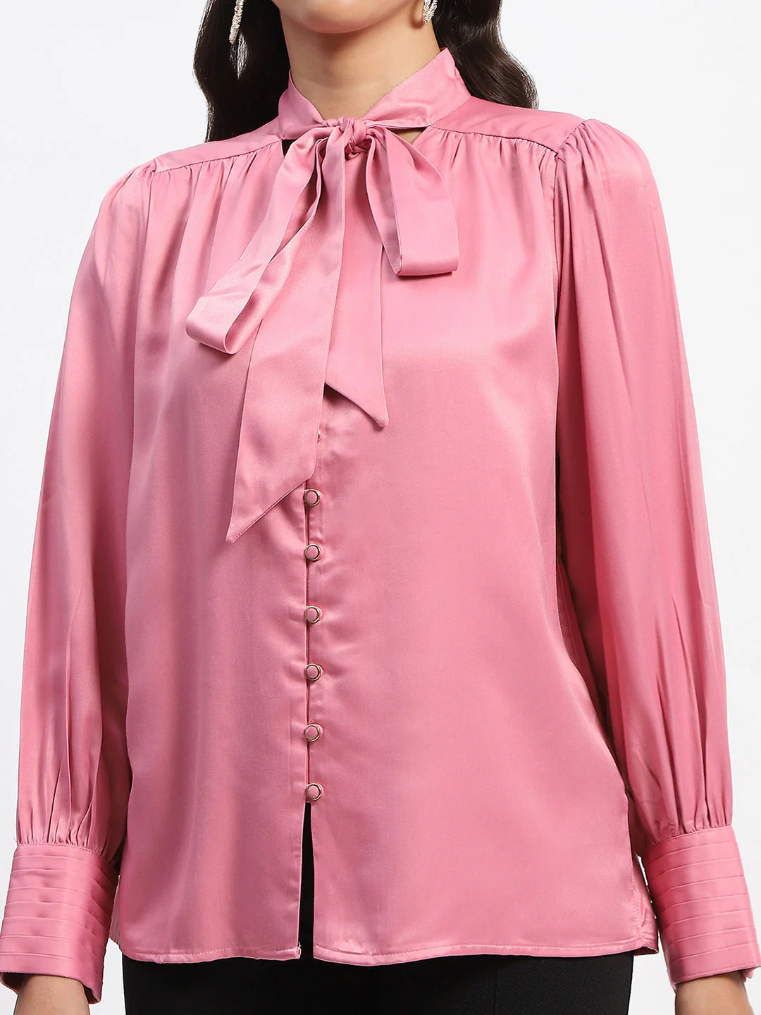 Madame Tie Up Neck Cuffed Sleeve Pink Top - Image 6