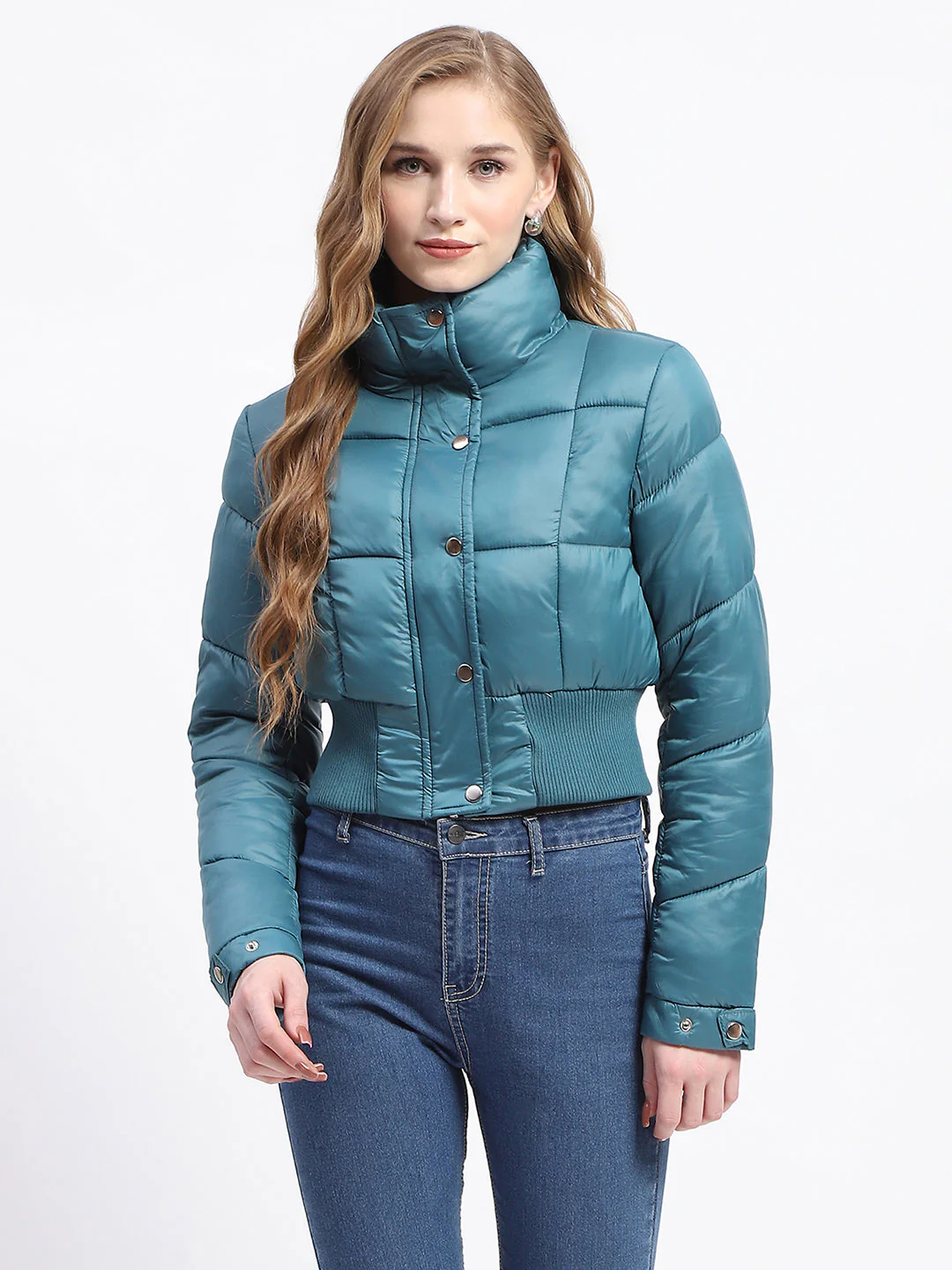 Madame Cropped Aqua Quilted Puffer High Neck Jacket - Image 2