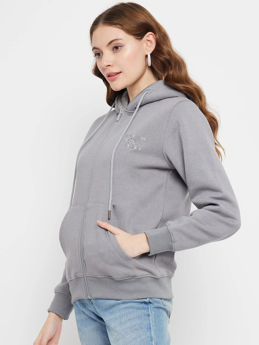 Madame Solid Grey Hooded Sweatshirt - Image 5