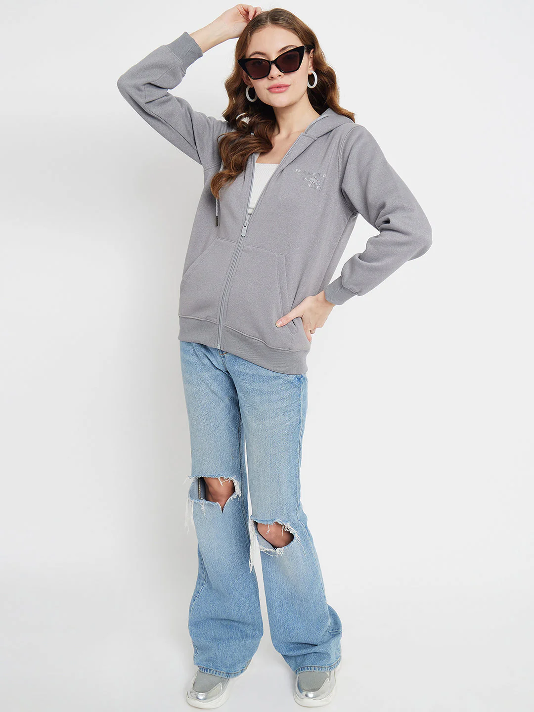 Madame Solid Grey Hooded Sweatshirt - Image 6