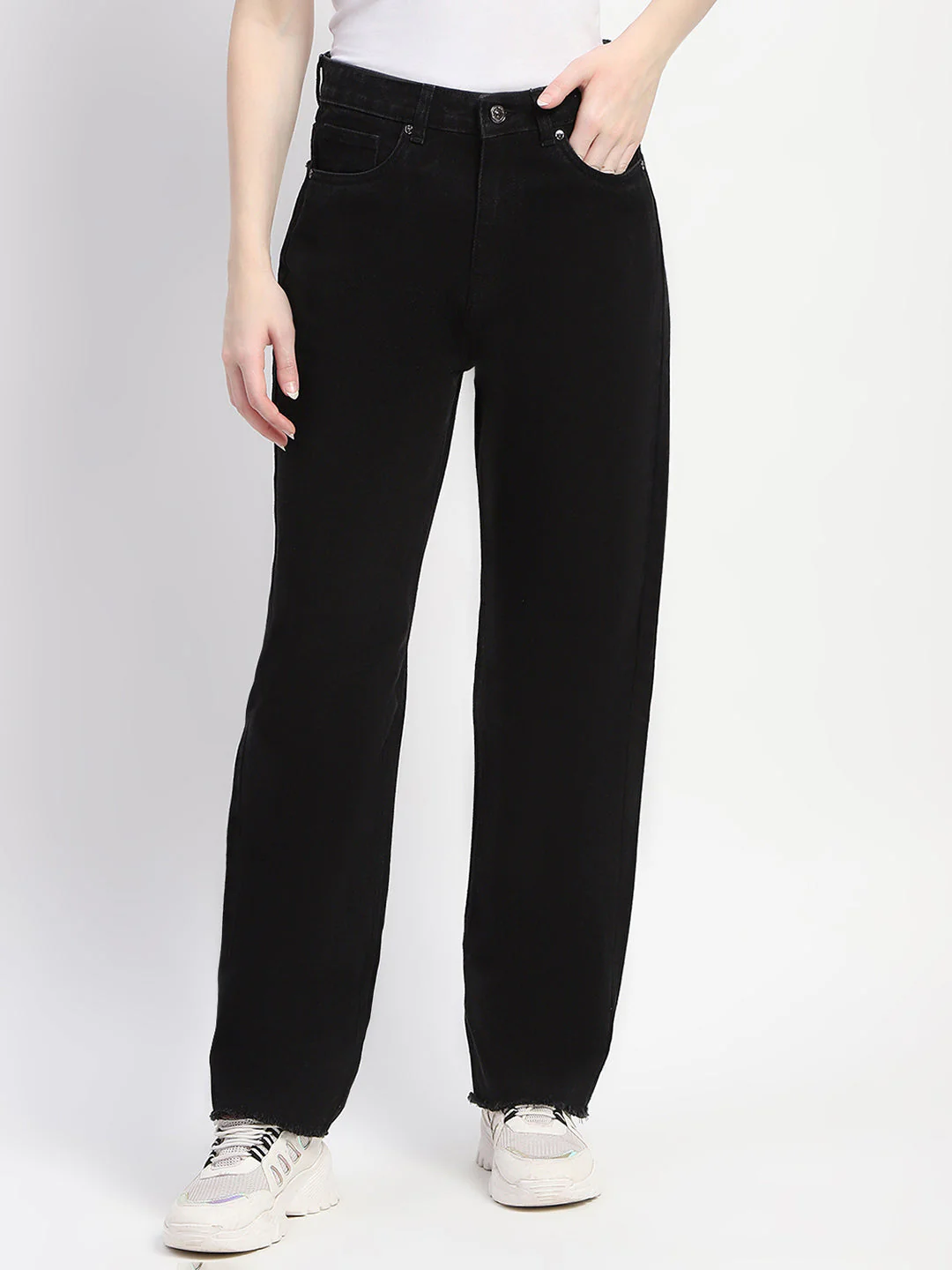 Madame Straight Fit Frayed Hem Solid Black Denim - Image 2