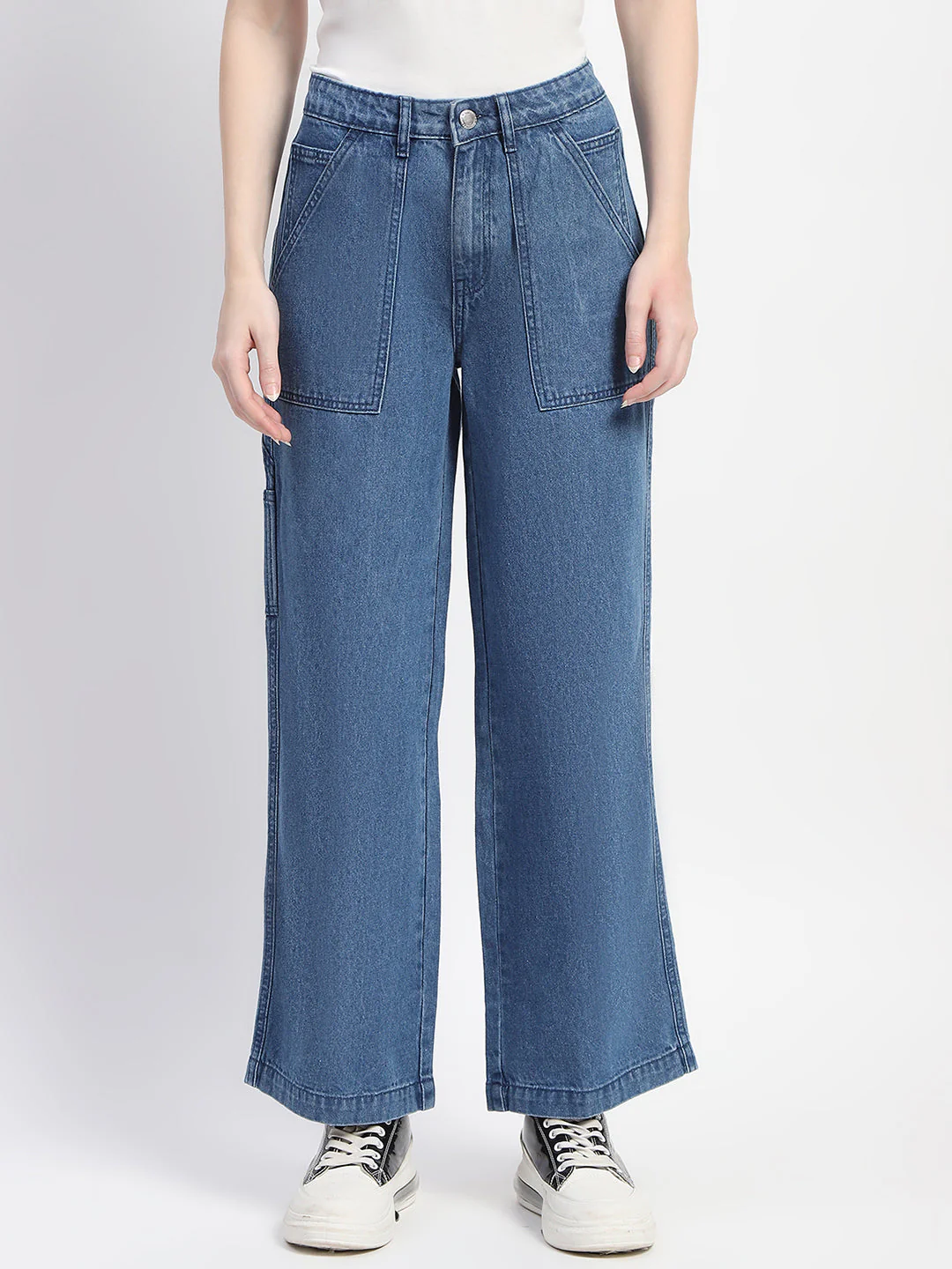 Madame Slant Pocket Flared Mid Blue Denim - Image 2