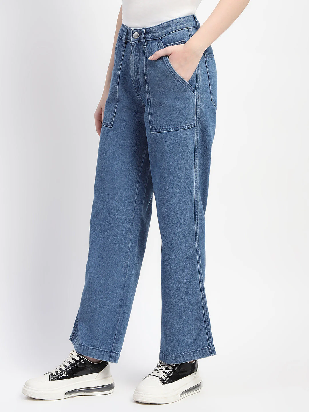 Madame Slant Pocket Flared Mid Blue Denim - Image 4