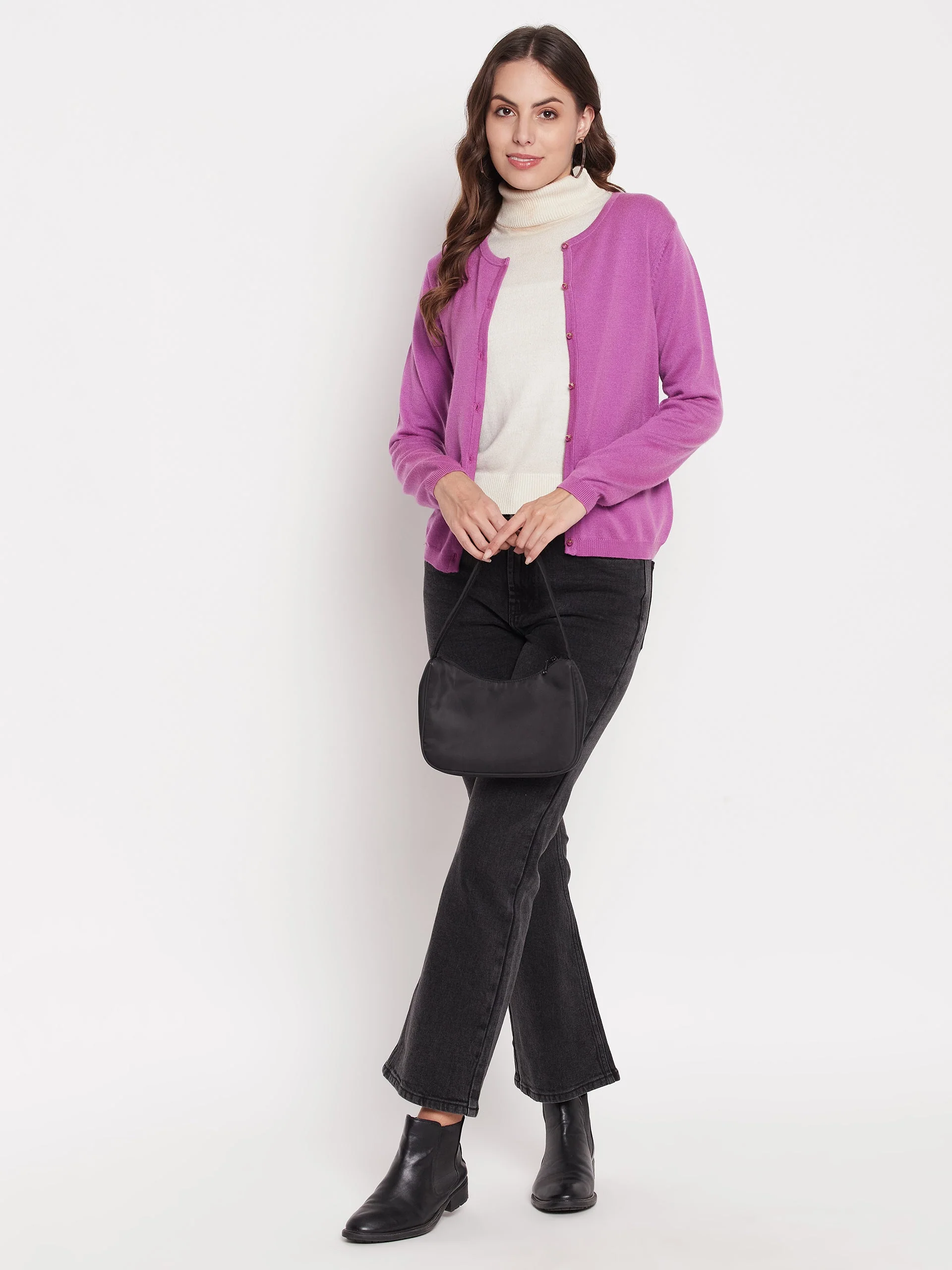 Madame Women Solid Mauve Cardigans - Image 2