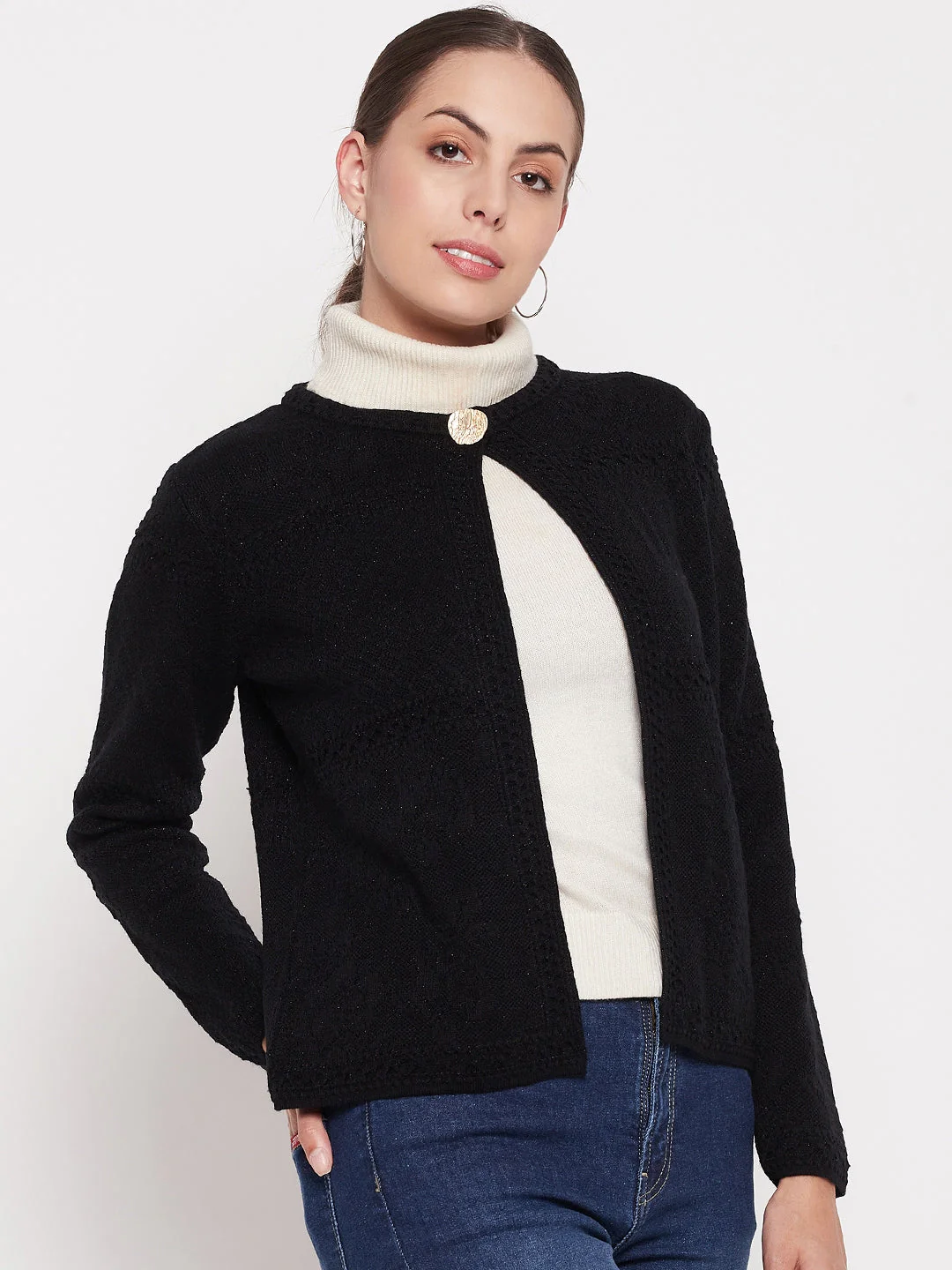 Madame Women Solid Black Cardigans - Image 4