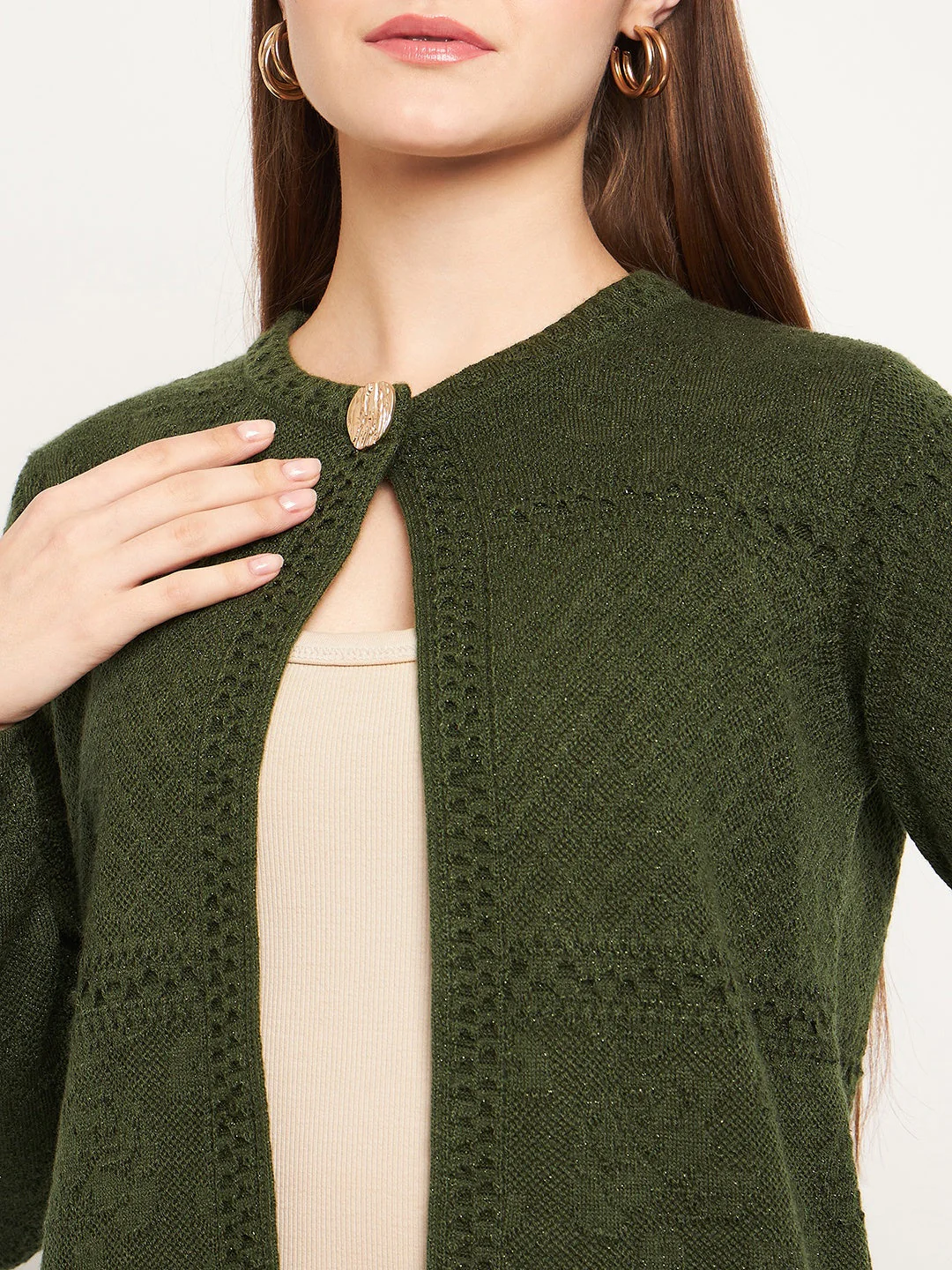 Madame Women Self Design Olive Cardigans - Image 2