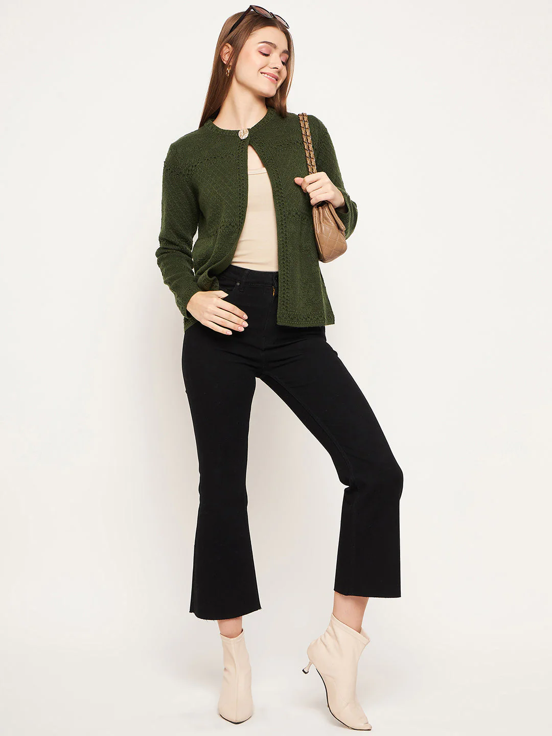 Madame Women Self Design Olive Cardigans - Image 6