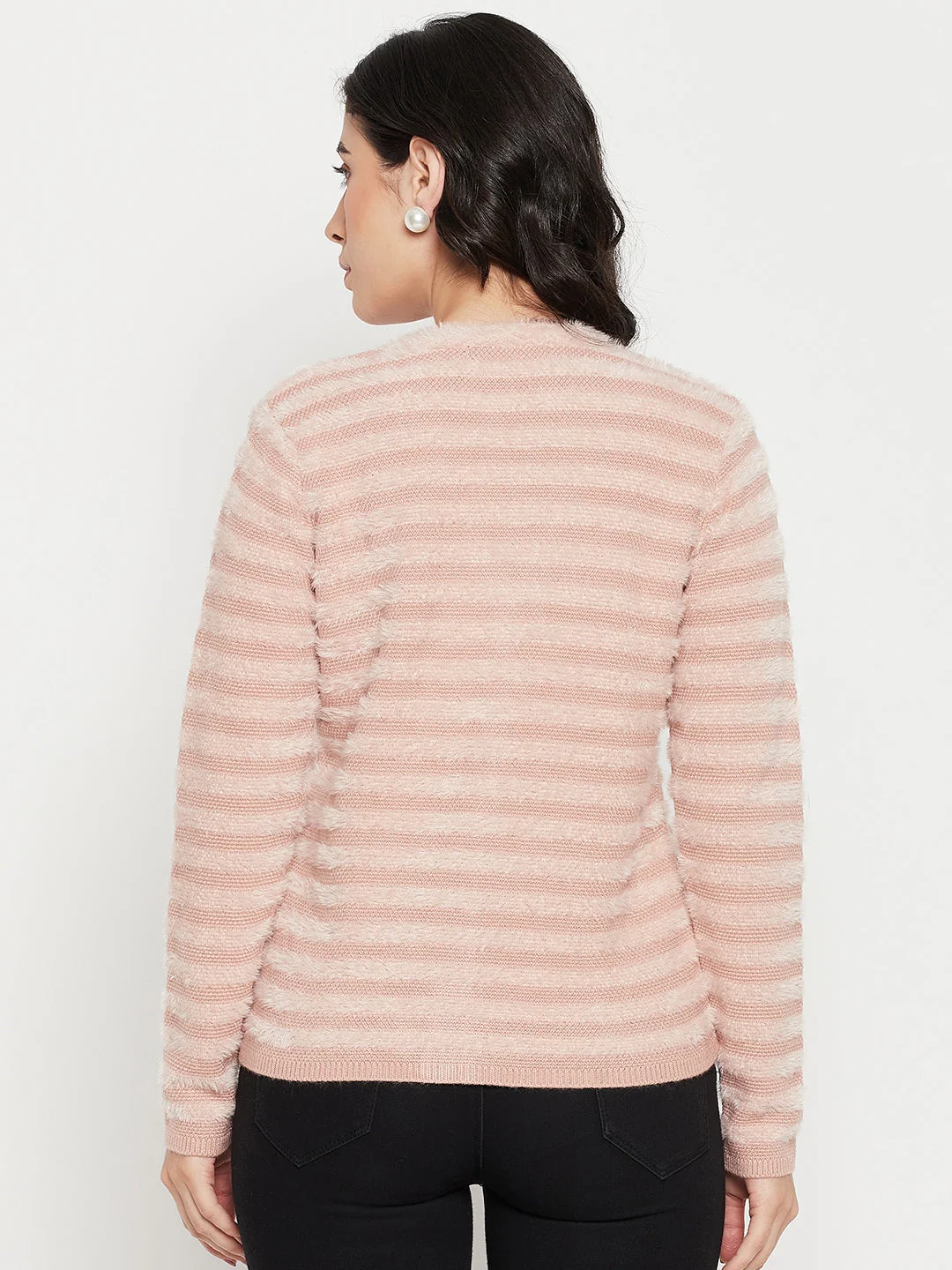 Madame V-Neck Striped Pink Cardigan - Image 3