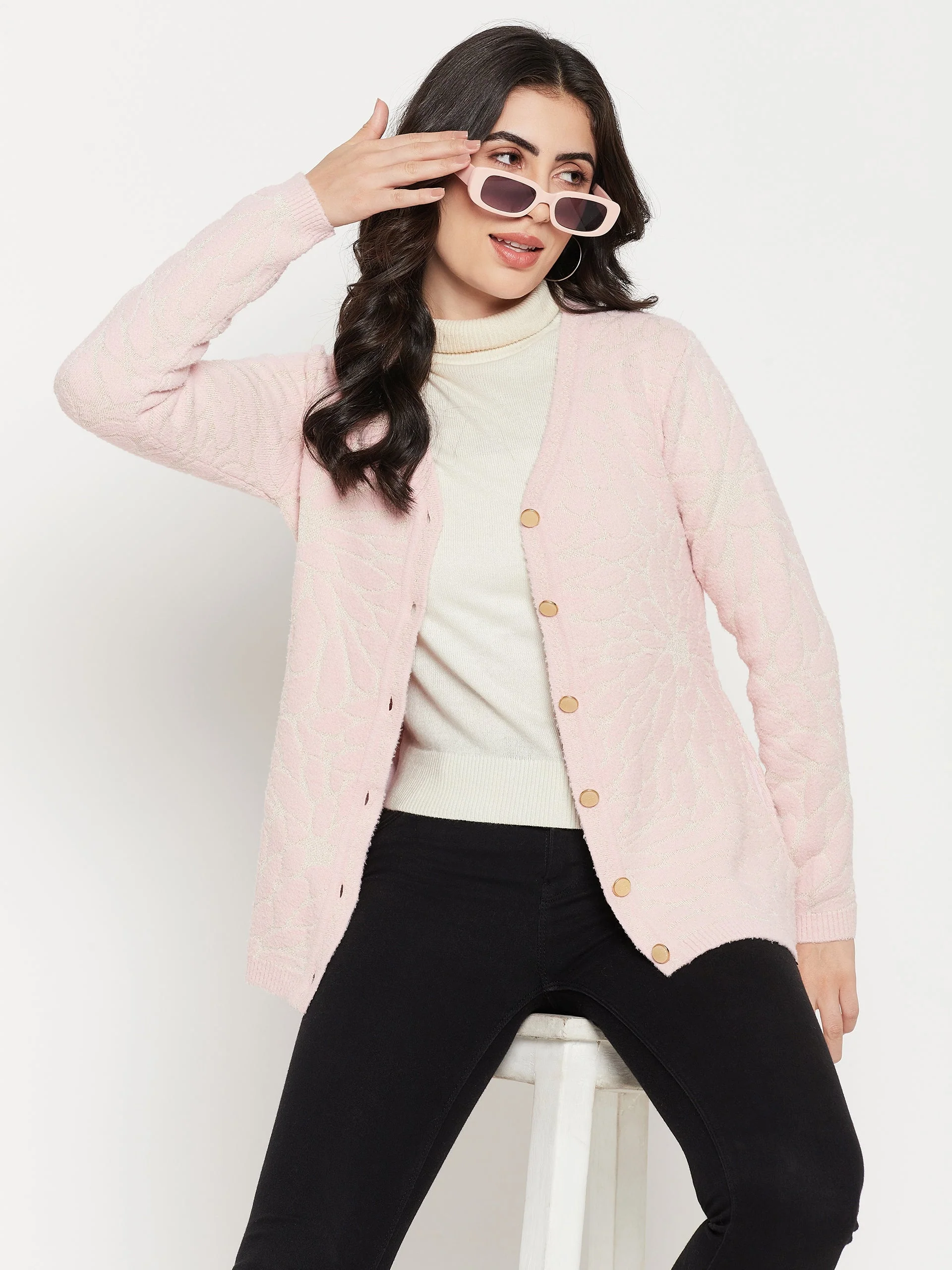 Madame V-Neck Solid Pink Cardigan - Image 2