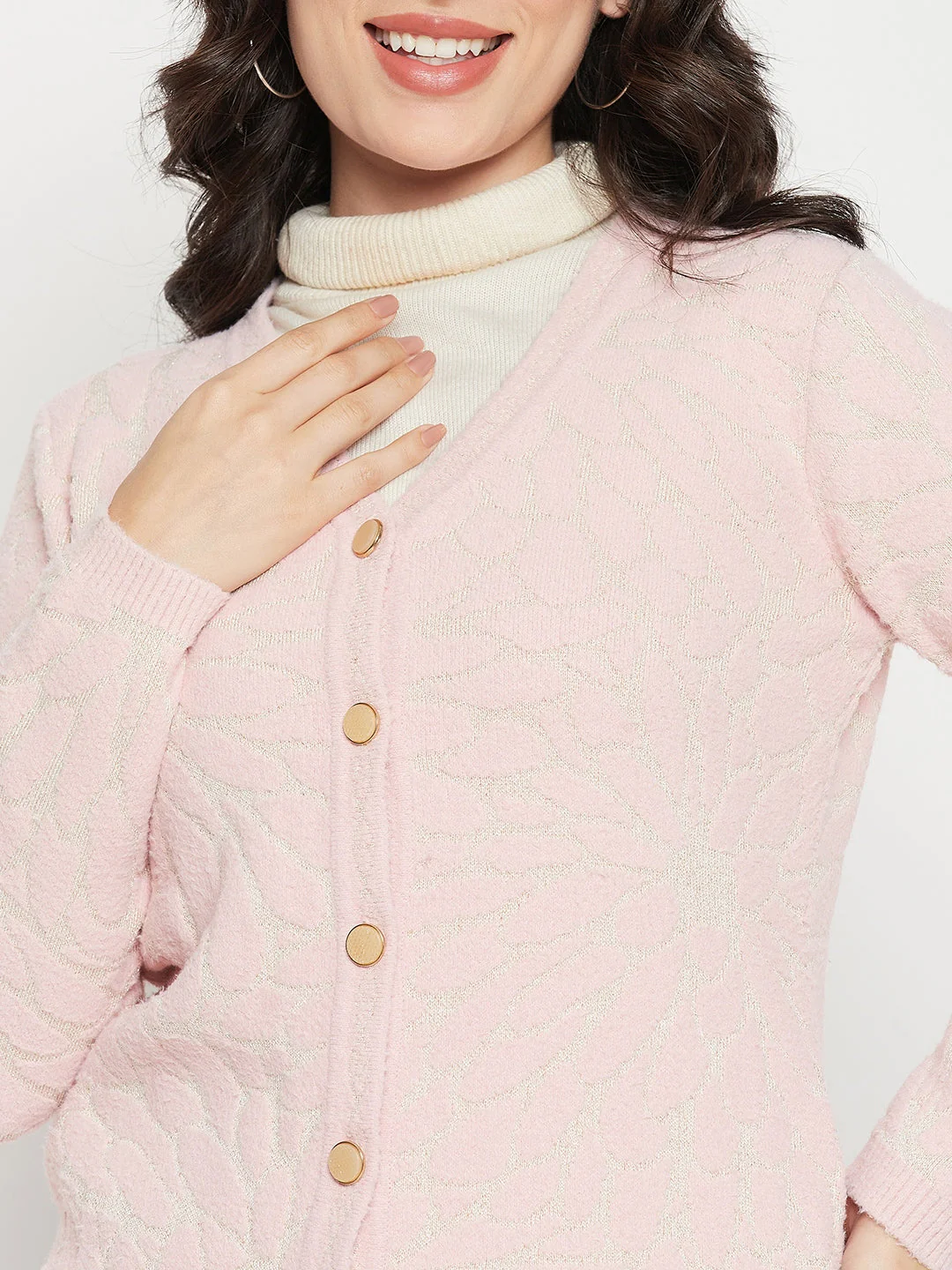 Madame V-Neck Solid Pink Cardigan - Image 3
